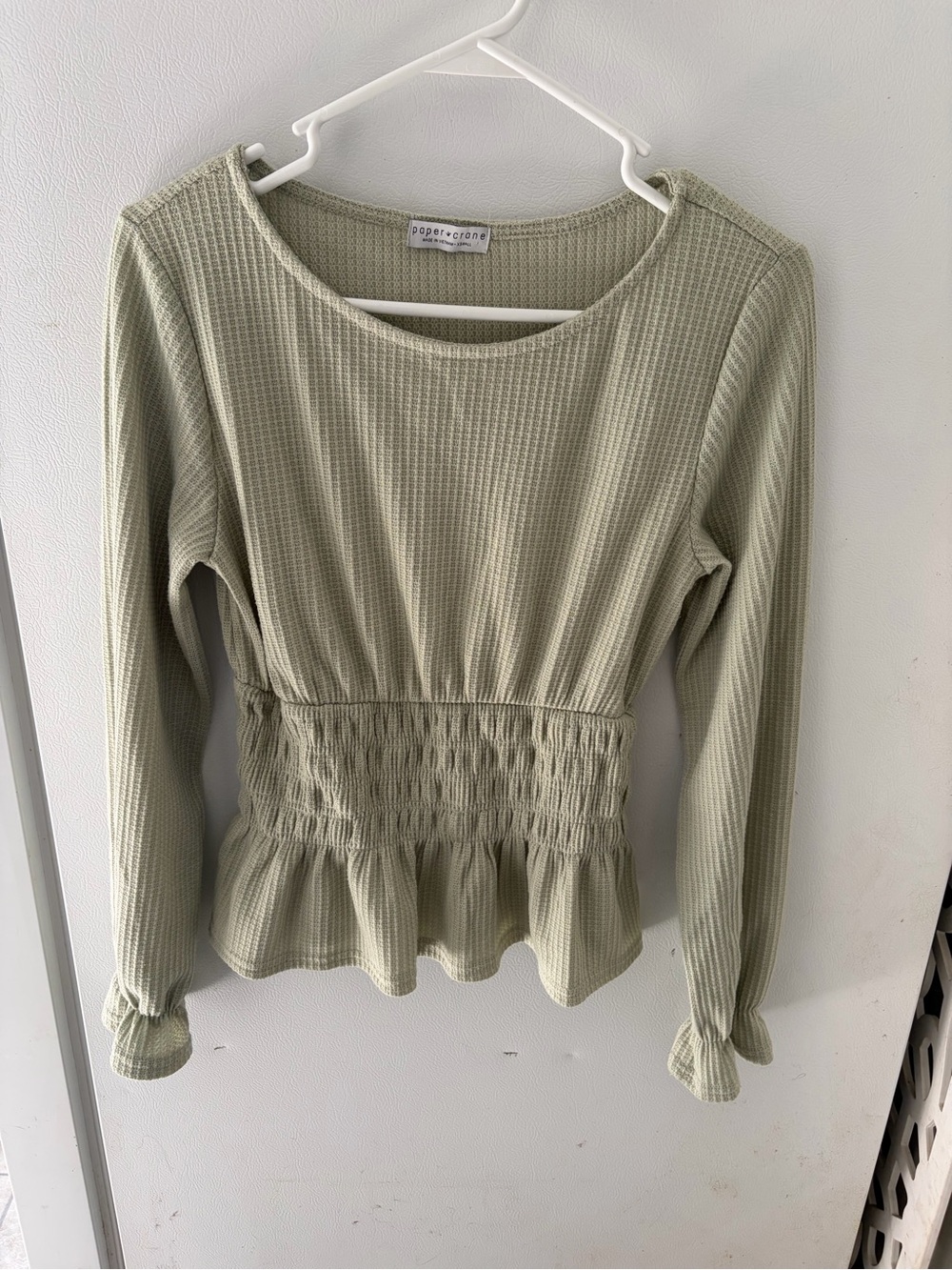 Paper Crane Light Sage Smocked Peplum Waffle Long Sleeve Top